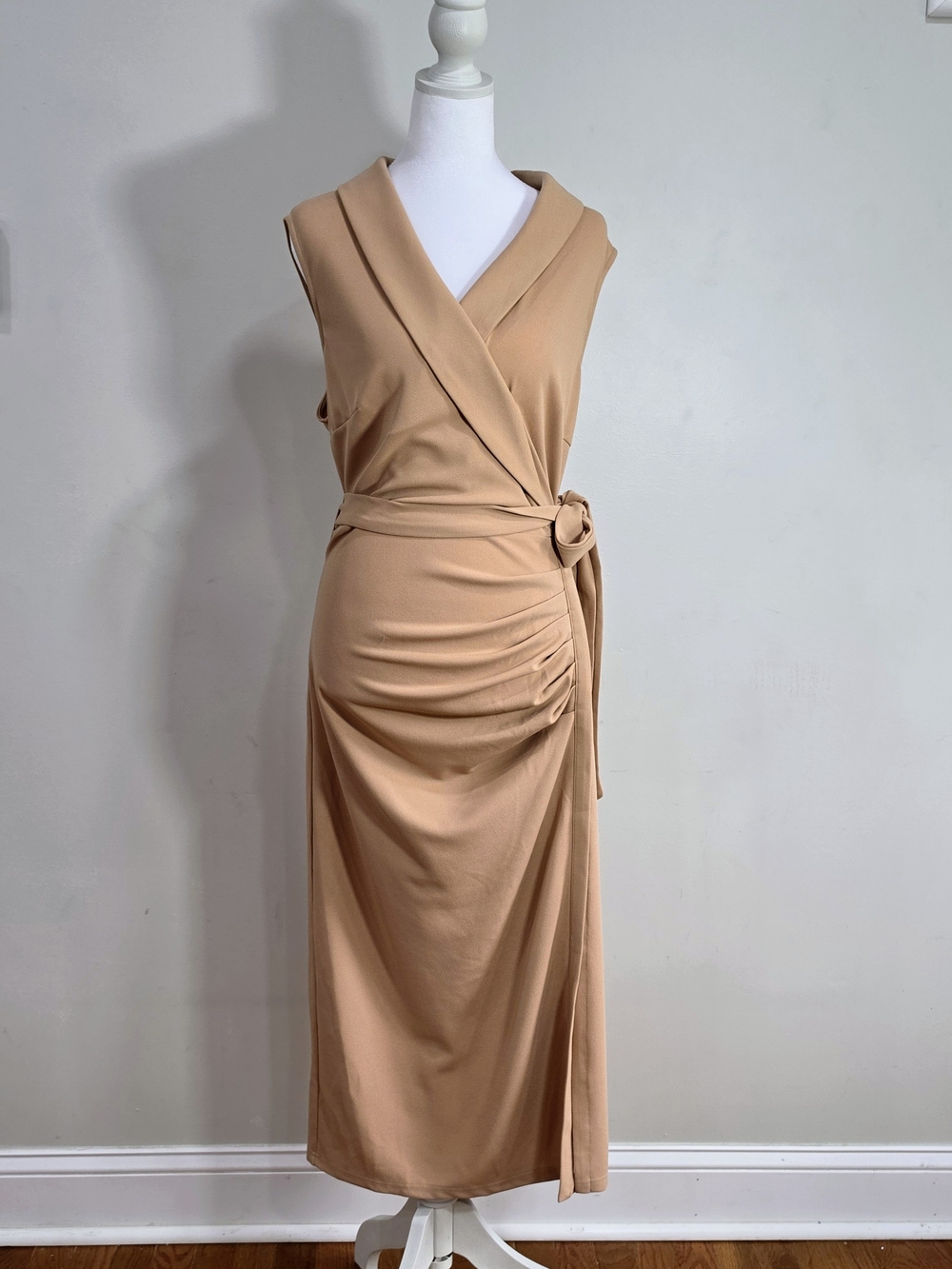 Grace Karin Sleeveless Wrap Midi Dress in Camel Tan